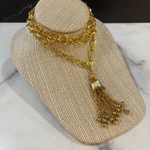 Goldtone medium link necklace w chain and bead tassel 36” long